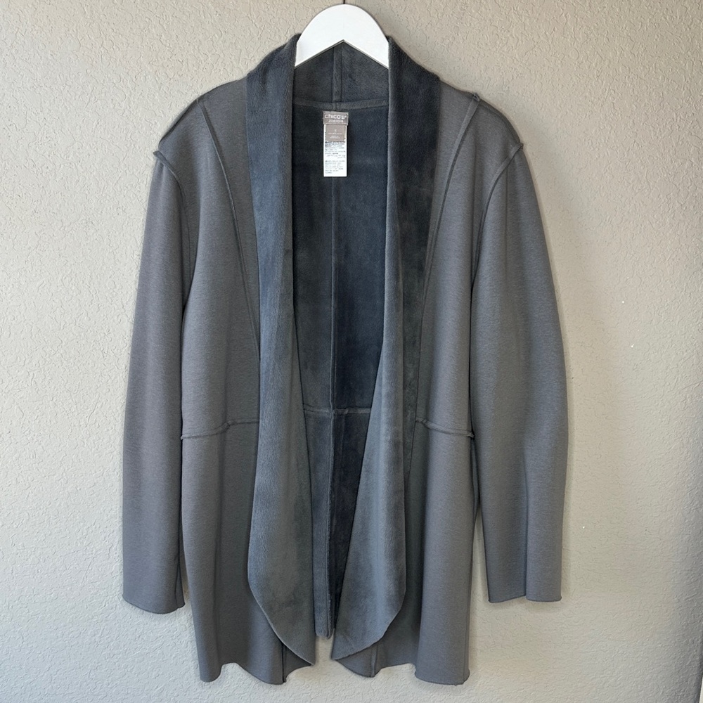 Chico's Women's Zenergy Cozy Wrap Cardigan‎ Size XL 16 Grey Fleece Exposed Seams